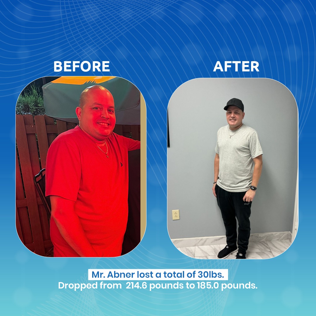 Mr. Abner before and after losing 30 pounds, from 214.6 to 185.0 pounds